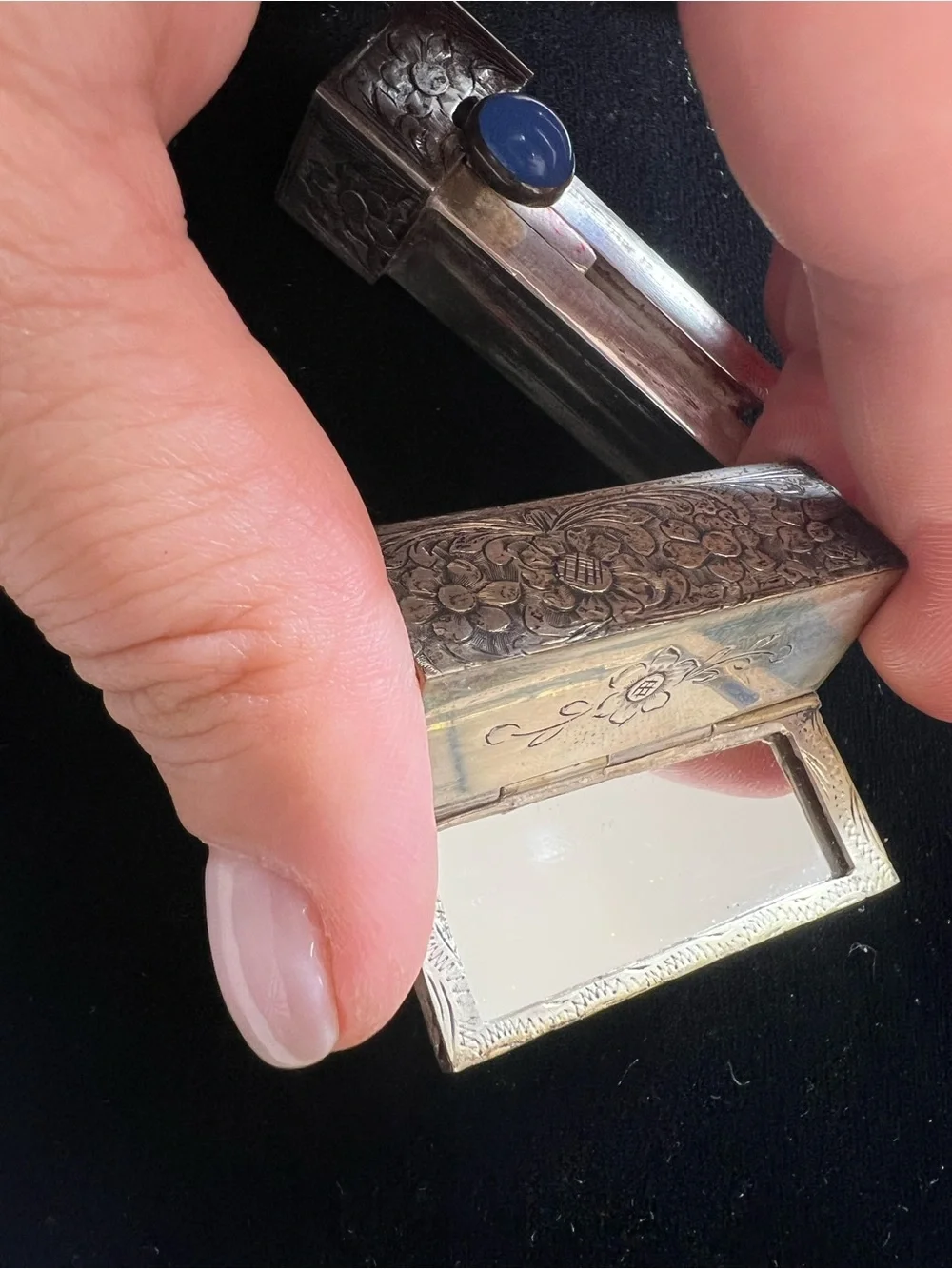 Antique 800 Silver Floral Engraved Lipstick Compact with Blue Cabochon Accent